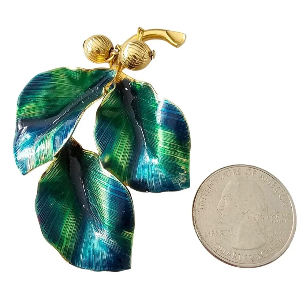 Blue Green Vintage Leaves Brooch Brass Bead Enamel Wired Leaf Pin J319